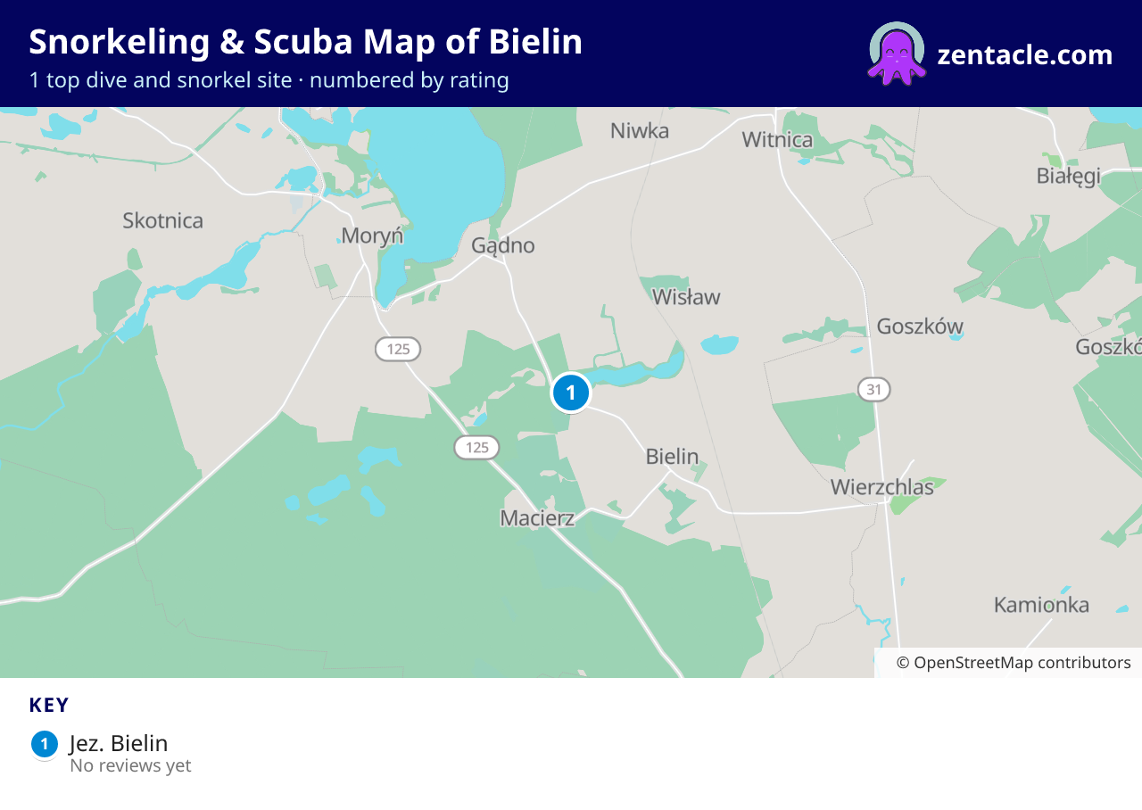 Snorkeling & Scuba Map of Bielin: numbered map of the top 1 dive and snorkel sites, with ratings