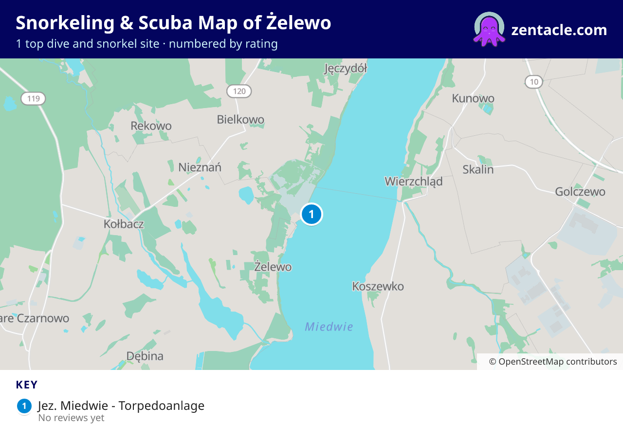 Snorkeling & Scuba Map of Żelewo: numbered map of the top 1 dive and snorkel sites, with ratings
