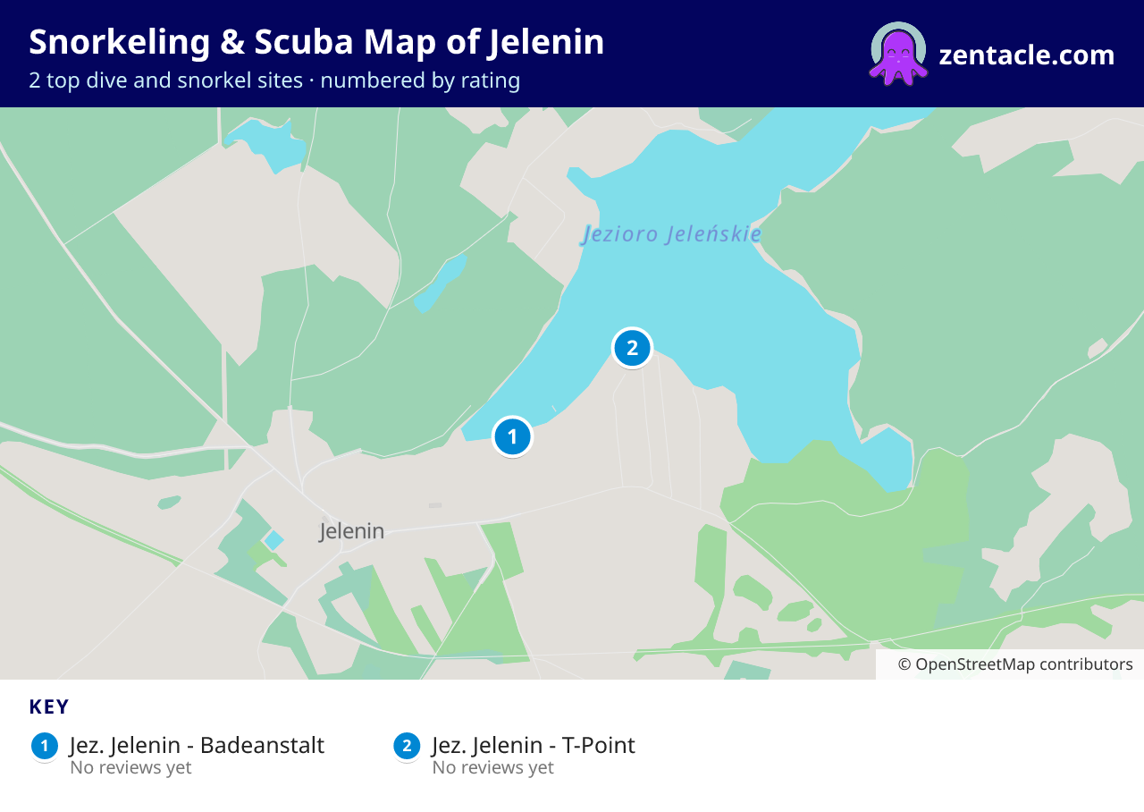 Snorkeling & Scuba Map of Jelenin: numbered map of the top 2 dive and snorkel sites, with ratings