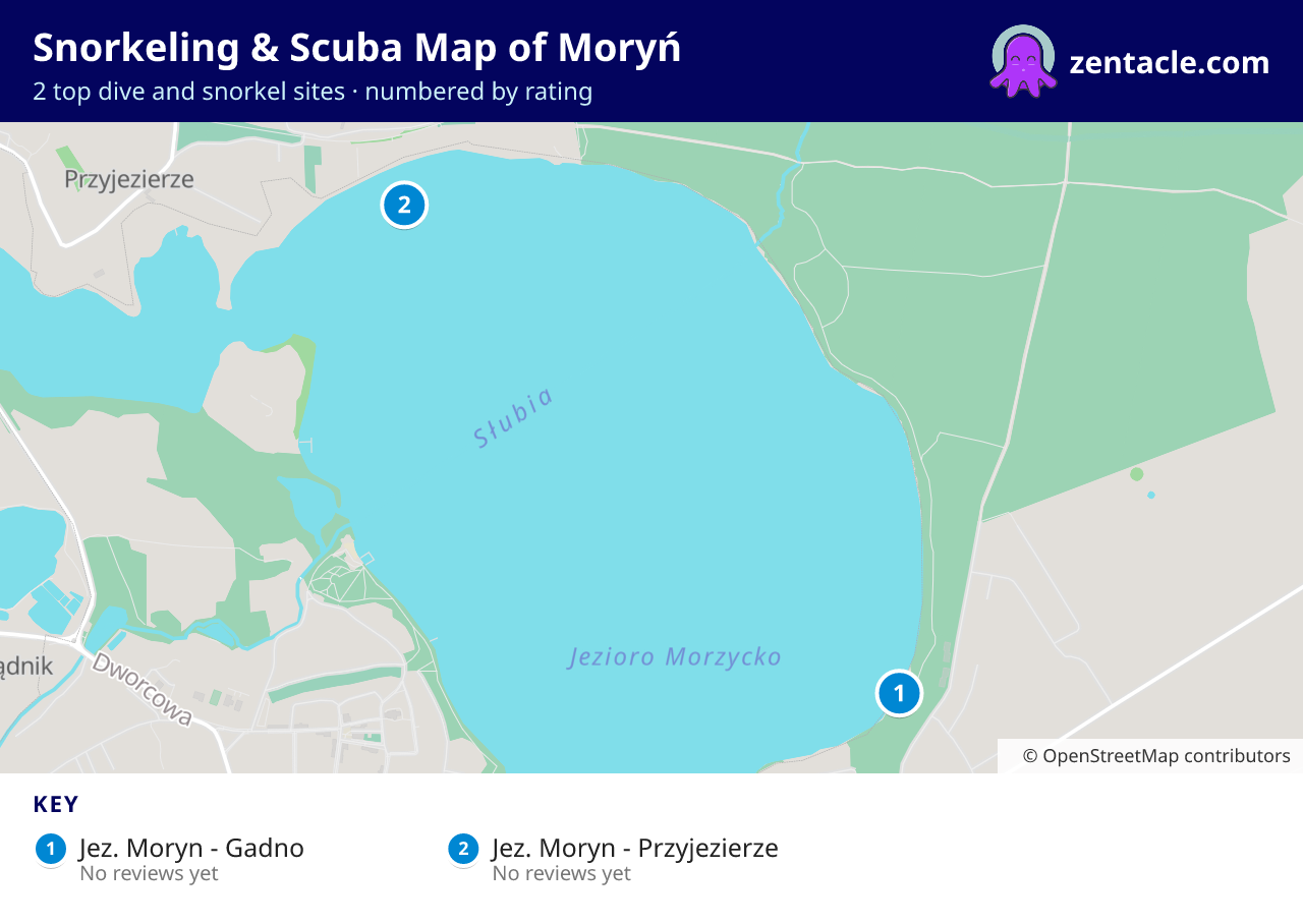 Snorkeling & Scuba Map of Moryń: numbered map of the top 2 dive and snorkel sites, with ratings