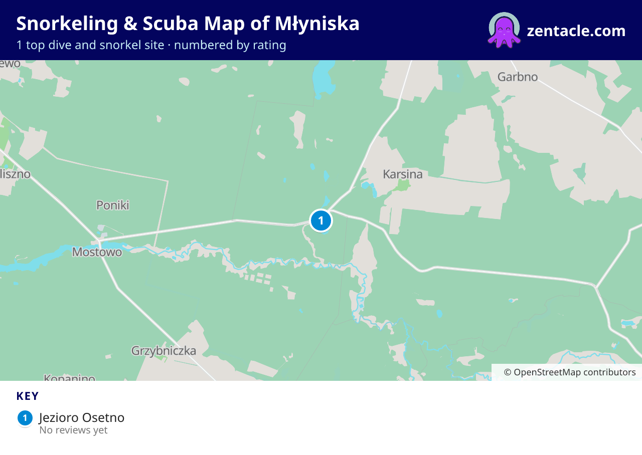 Snorkeling & Scuba Map of Młyniska: numbered map of the top 1 dive and snorkel sites, with ratings
