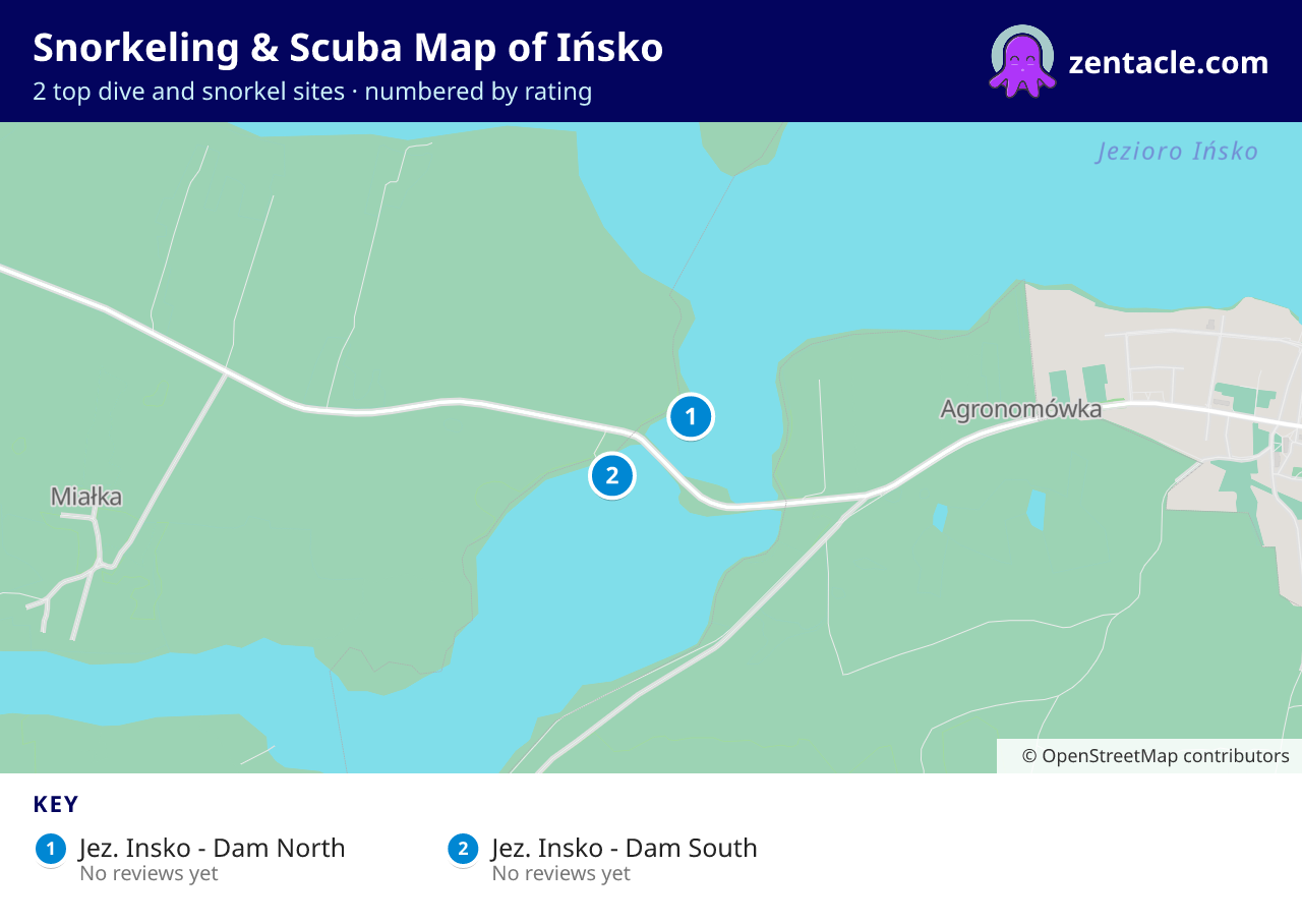 Snorkeling & Scuba Map of Ińsko: numbered map of the top 2 dive and snorkel sites, with ratings