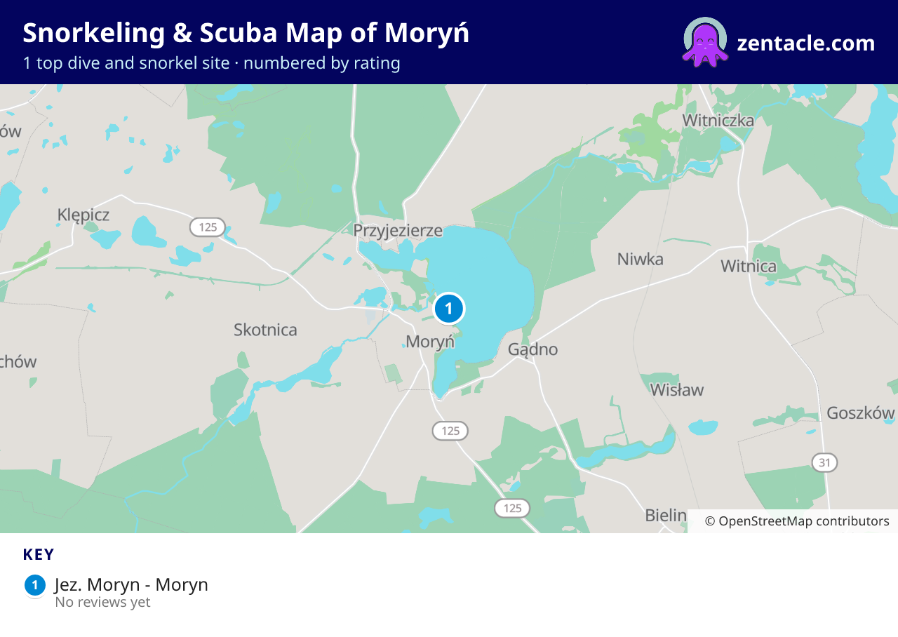 Snorkeling & Scuba Map of Moryń: numbered map of the top 1 dive and snorkel sites, with ratings