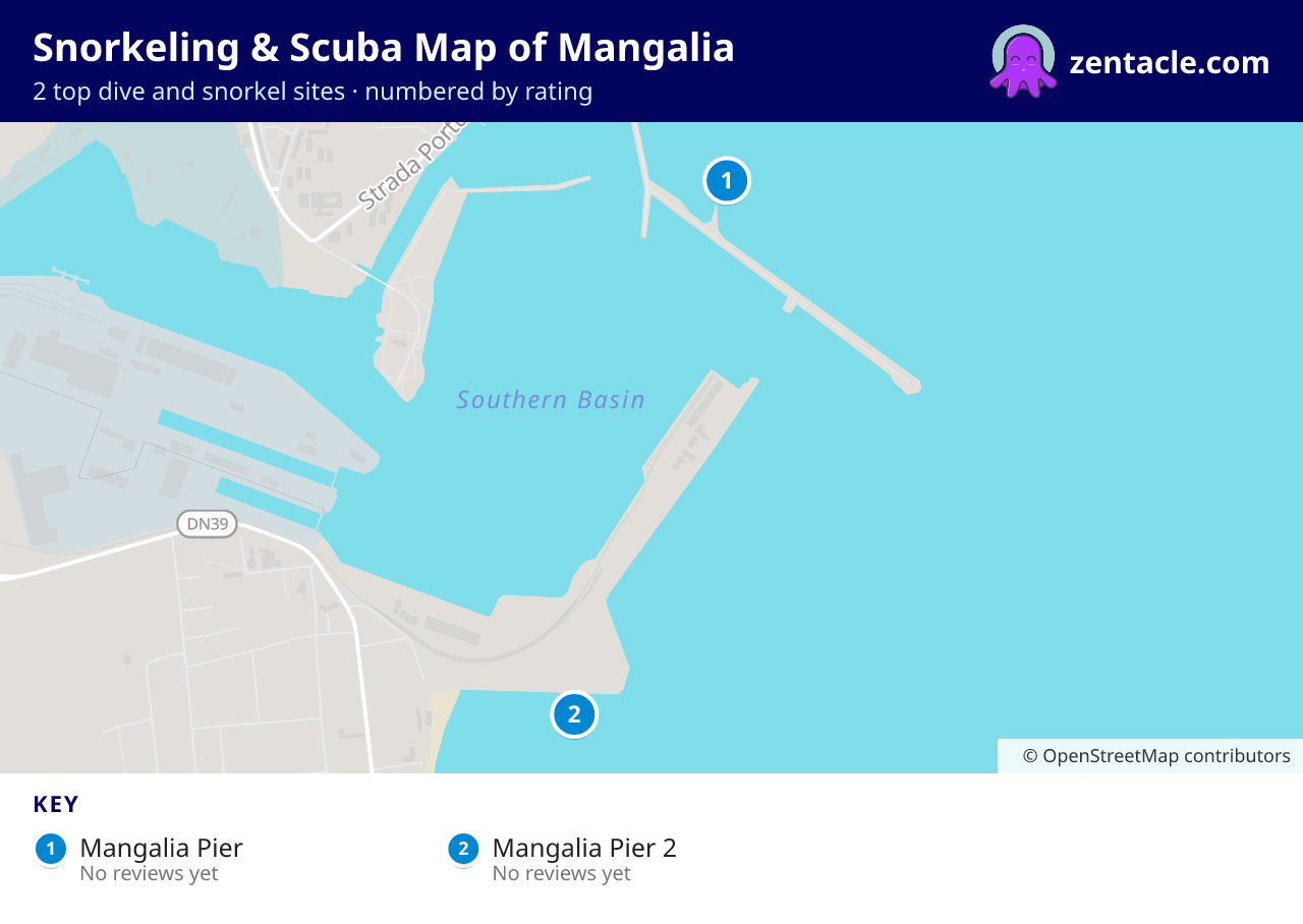 Snorkeling & Scuba Map of Mangalia: numbered map of the top 2 dive and snorkel sites, with ratings