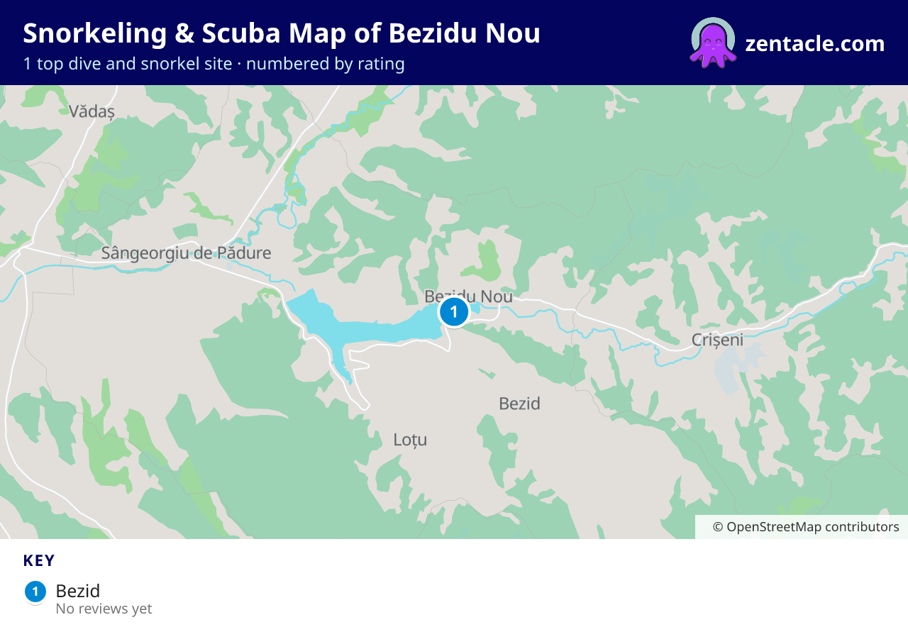 Snorkeling & Scuba Map of Bezidu Nou: numbered map of the top 1 dive and snorkel sites, with ratings