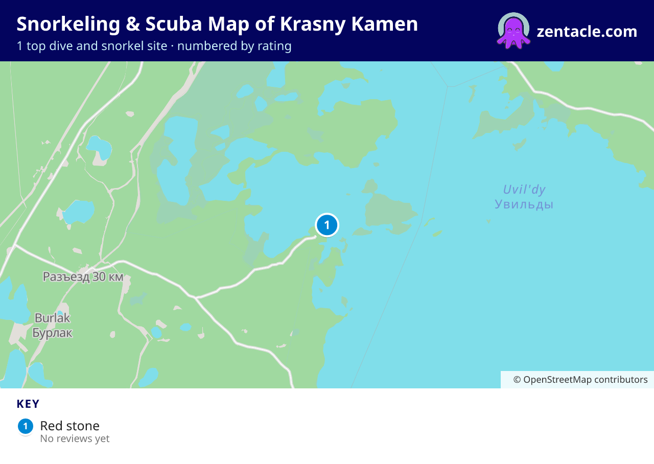 Snorkeling & Scuba Map of Krasny Kamen: numbered map of the top 1 dive and snorkel sites, with ratings