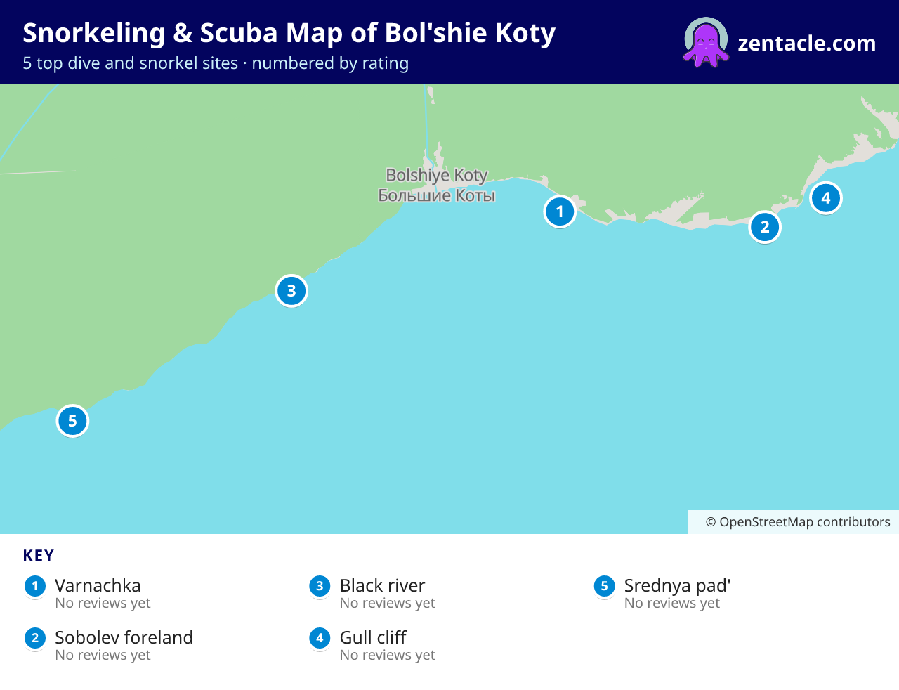 Snorkeling & Scuba Map of Bol'shie Koty: numbered map of the top 5 dive and snorkel sites, with ratings