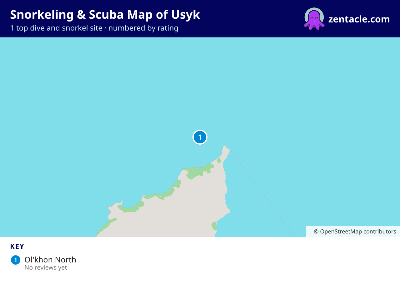 Snorkeling & Scuba Map of Usyk: numbered map of the top 1 dive and snorkel sites, with ratings