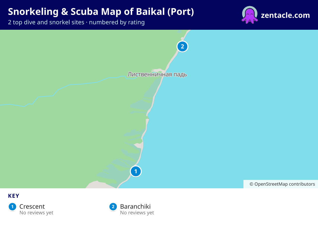 Snorkeling & Scuba Map of Baikal (Port): numbered map of the top 2 dive and snorkel sites, with ratings