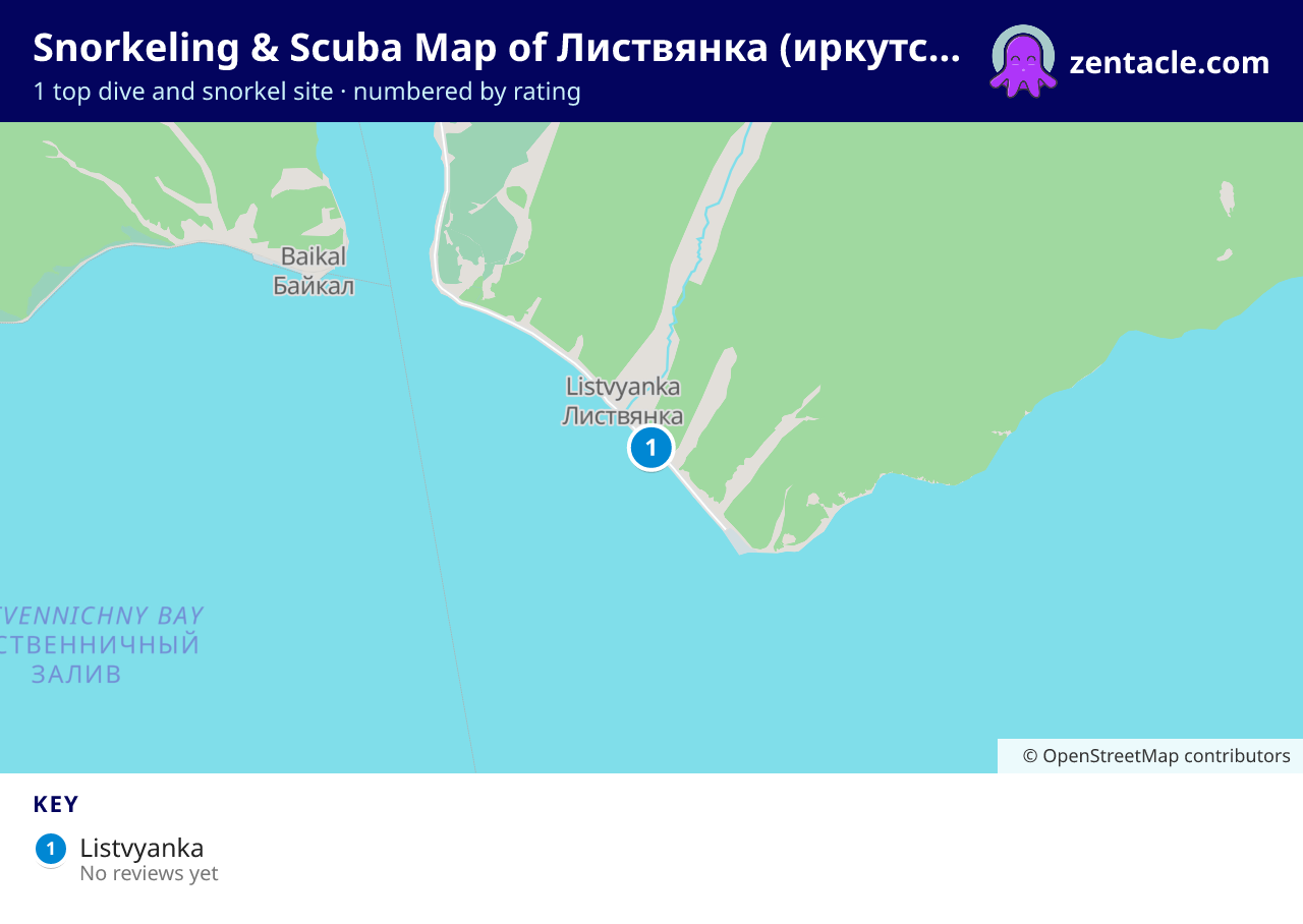 Snorkeling & Scuba Map of Листвянка (иркутский): numbered map of the top 1 dive and snorkel sites, with ratings