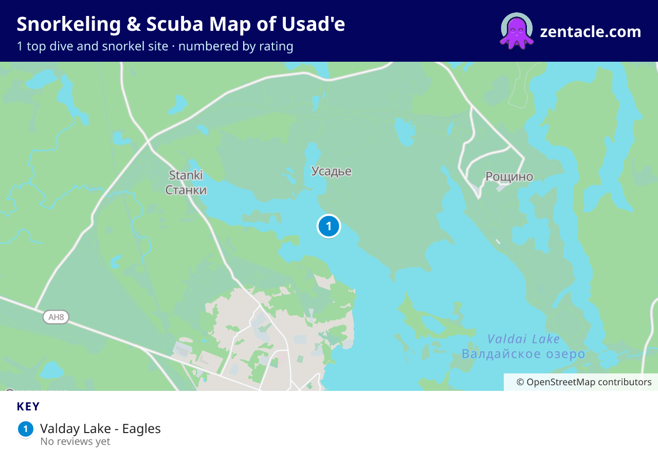 Snorkeling & Scuba Map of Usad'e: numbered map of the top 1 dive and snorkel sites, with ratings