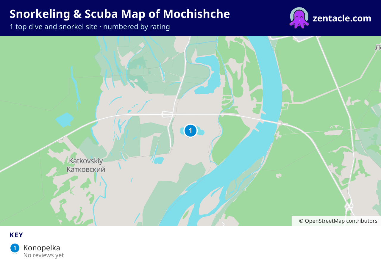 Snorkeling & Scuba Map of Mochishche: numbered map of the top 1 dive and snorkel sites, with ratings