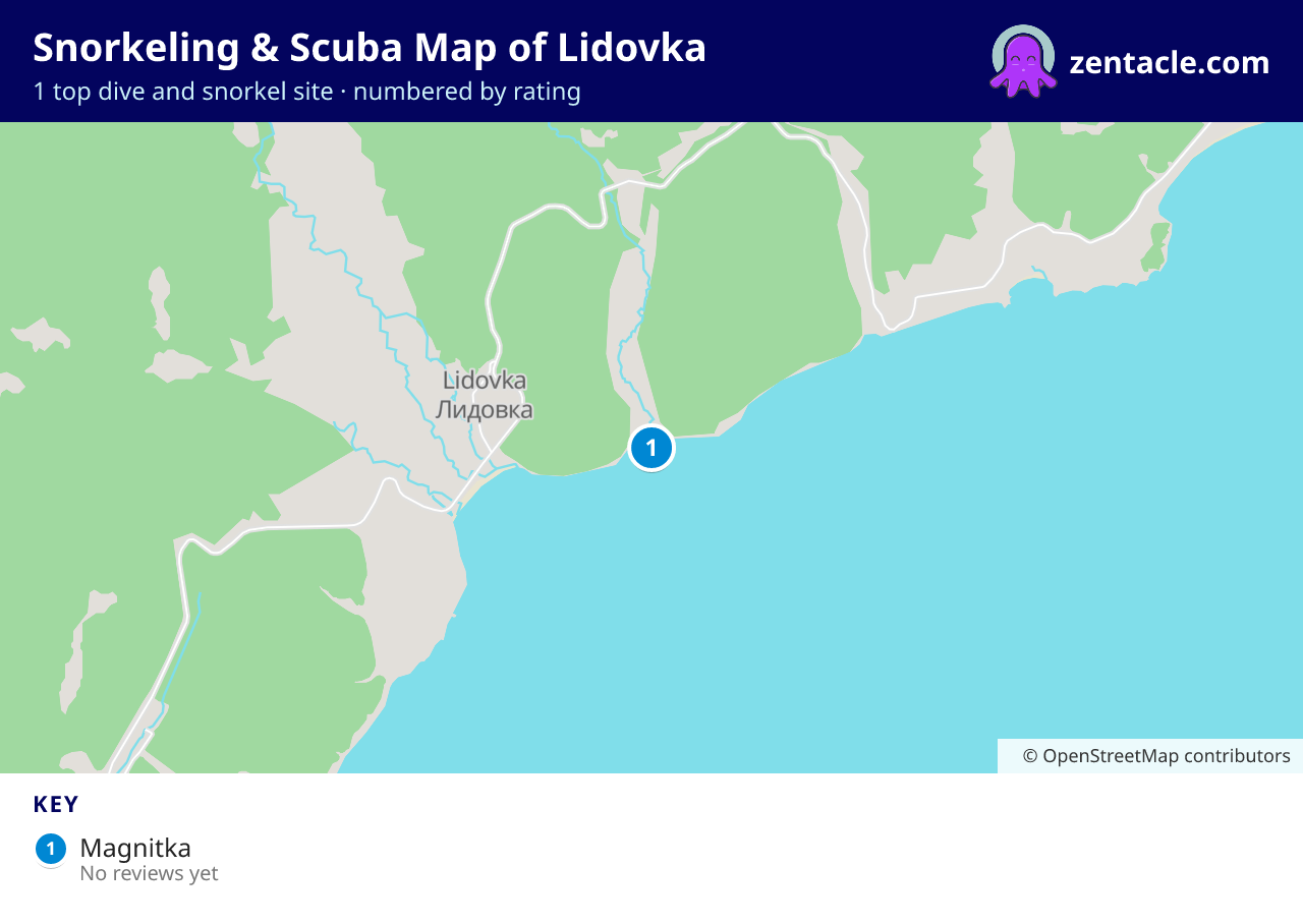 Snorkeling & Scuba Map of Lidovka: numbered map of the top 1 dive and snorkel sites, with ratings