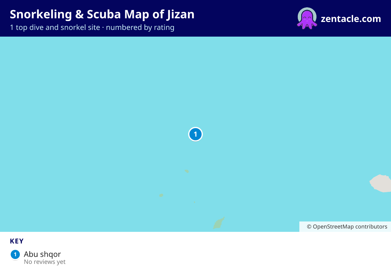Snorkeling & Scuba Map of Jizan: numbered map of the top 1 dive and snorkel sites, with ratings
