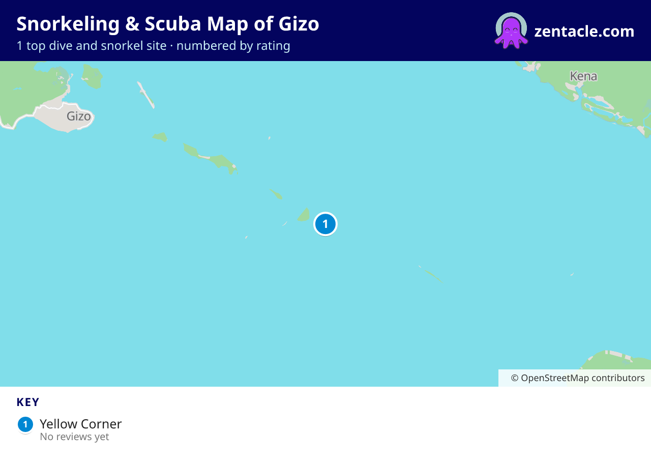 Snorkeling & Scuba Map of Gizo: numbered map of the top 1 dive and snorkel sites, with ratings