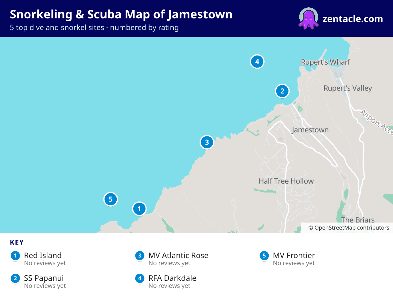 Snorkeling & Scuba Map of Jamestown: numbered map of the top 5 dive and snorkel sites, with ratings