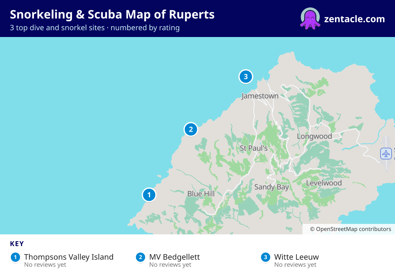 Snorkeling & Scuba Map of Ruperts: numbered map of the top 3 dive and snorkel sites, with ratings