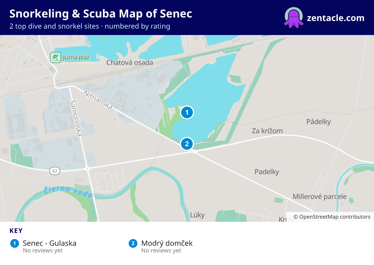 Snorkeling & Scuba Map of Senec: numbered map of the top 2 dive and snorkel sites, with ratings