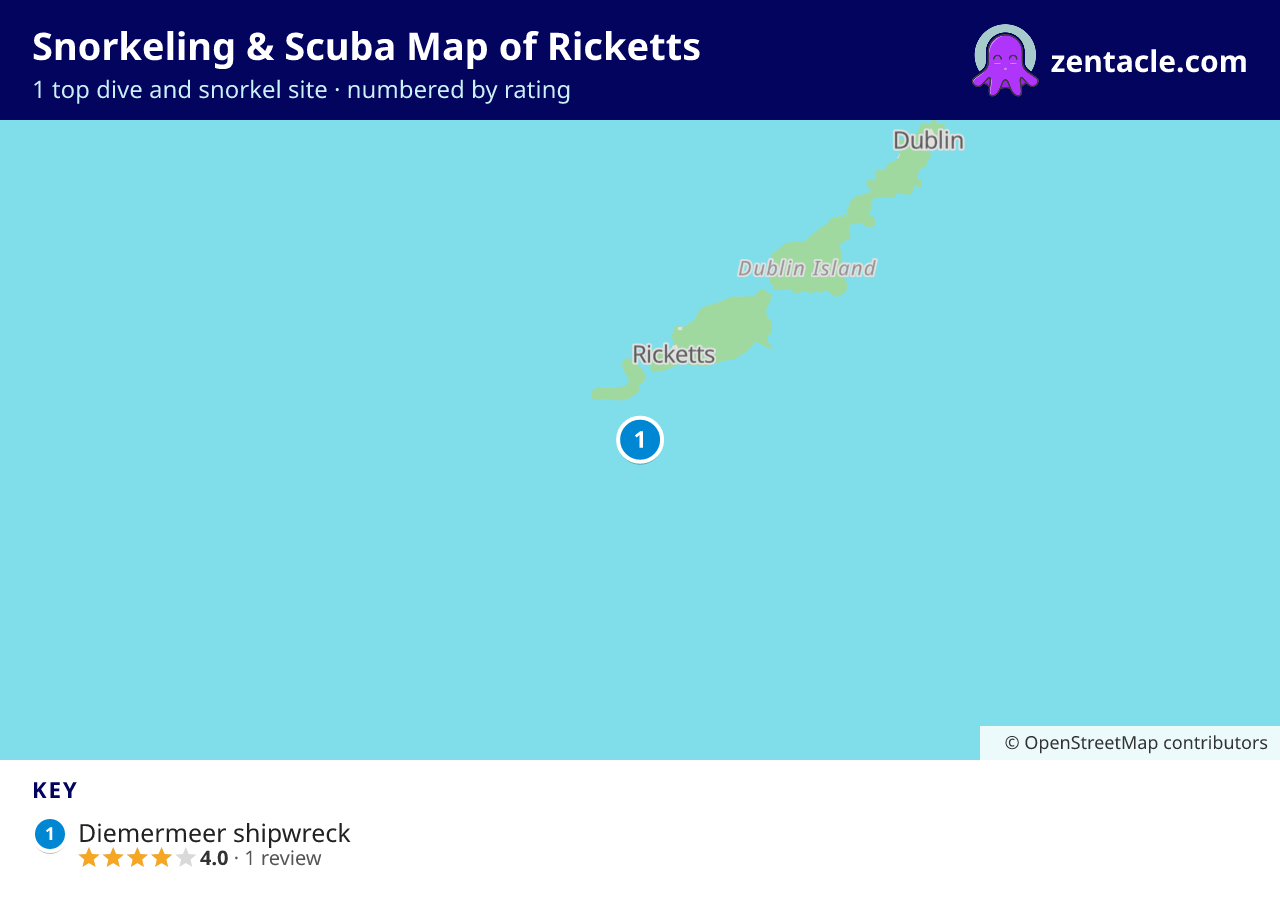 Snorkeling & Scuba Map of Ricketts: numbered map of the top 1 dive and snorkel sites, with ratings