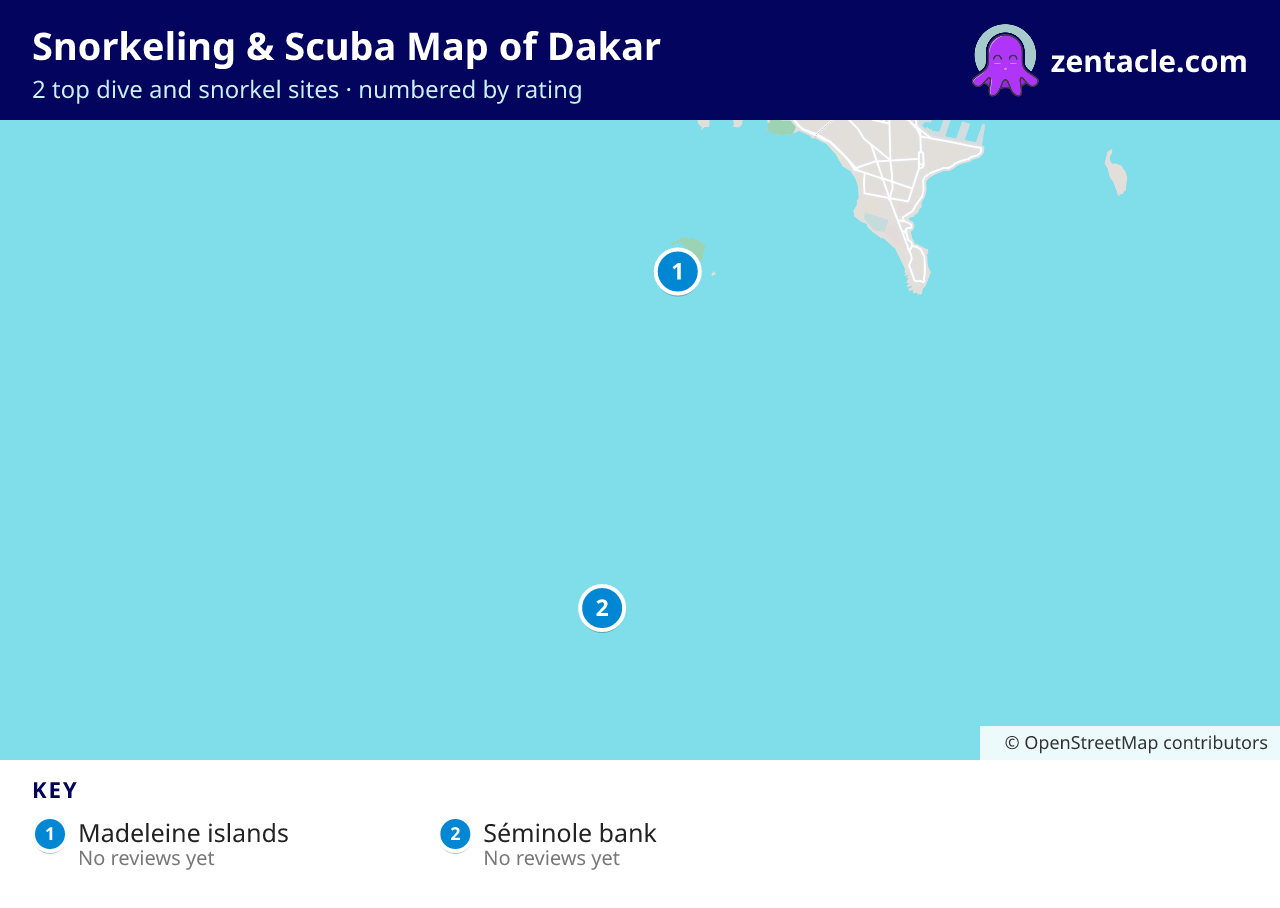 Snorkeling & Scuba Map of Dakar: numbered map of the top 2 dive and snorkel sites, with ratings