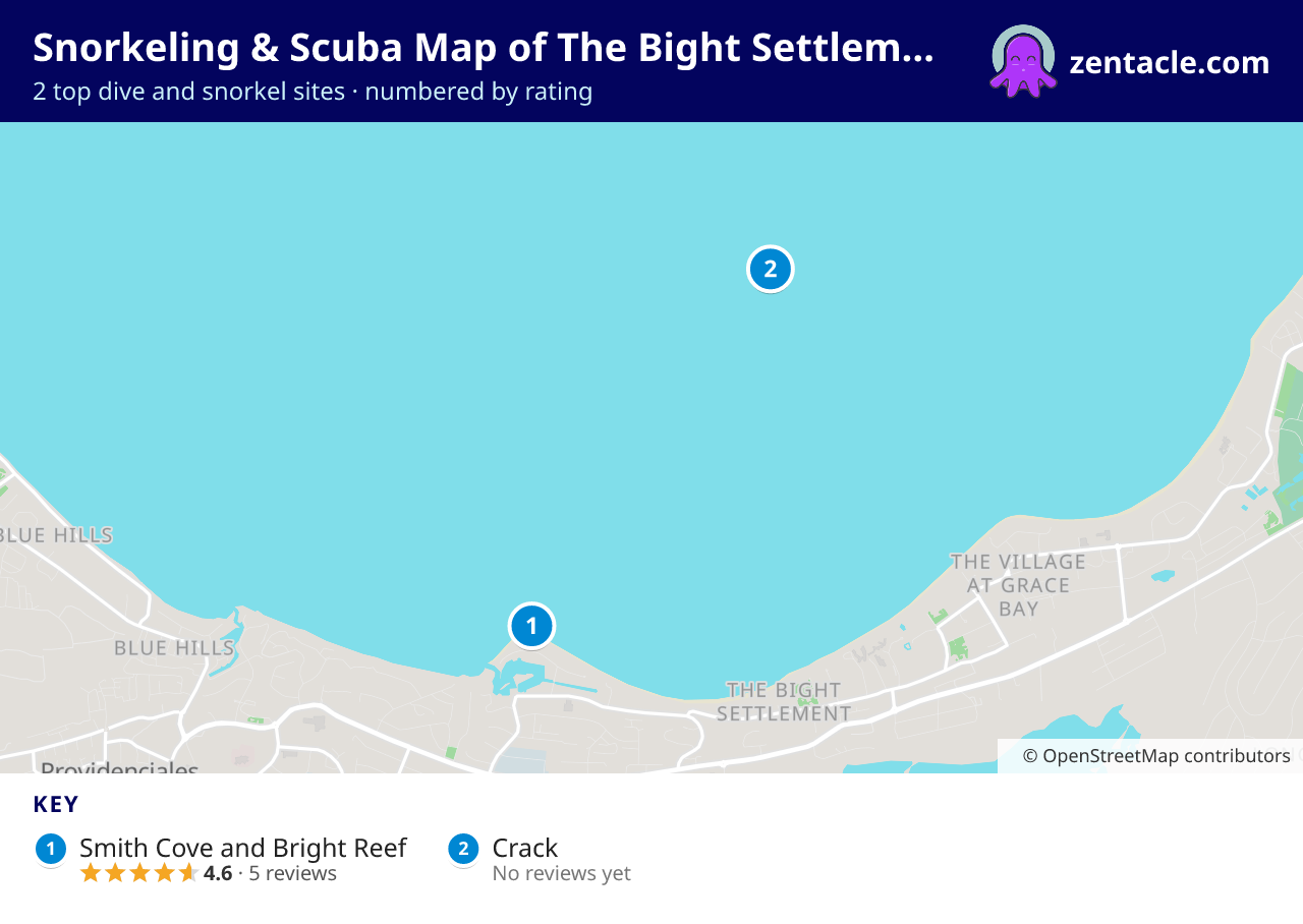 Snorkeling & Scuba Map of The Bight Settlement: numbered map of the top 2 dive and snorkel sites, with ratings