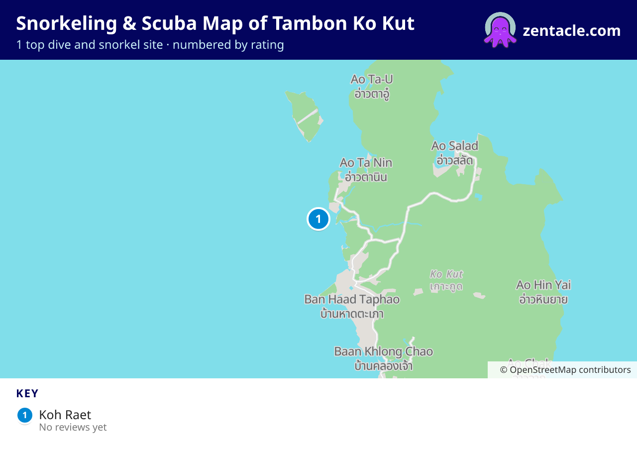Snorkeling & Scuba Map of Tambon Ko Kut: numbered map of the top 1 dive and snorkel sites, with ratings