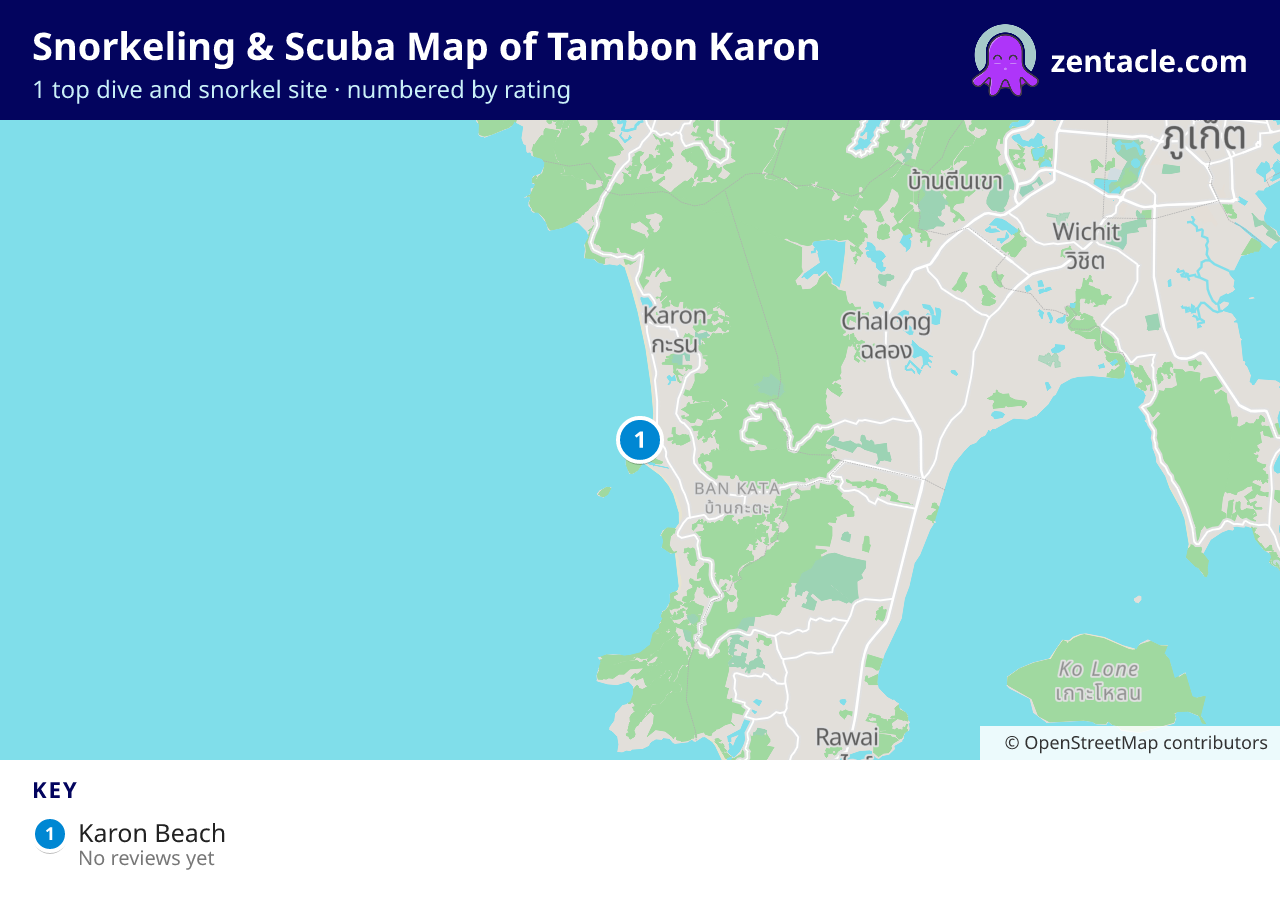 Snorkeling & Scuba Map of Tambon Karon: numbered map of the top 1 dive and snorkel sites, with ratings