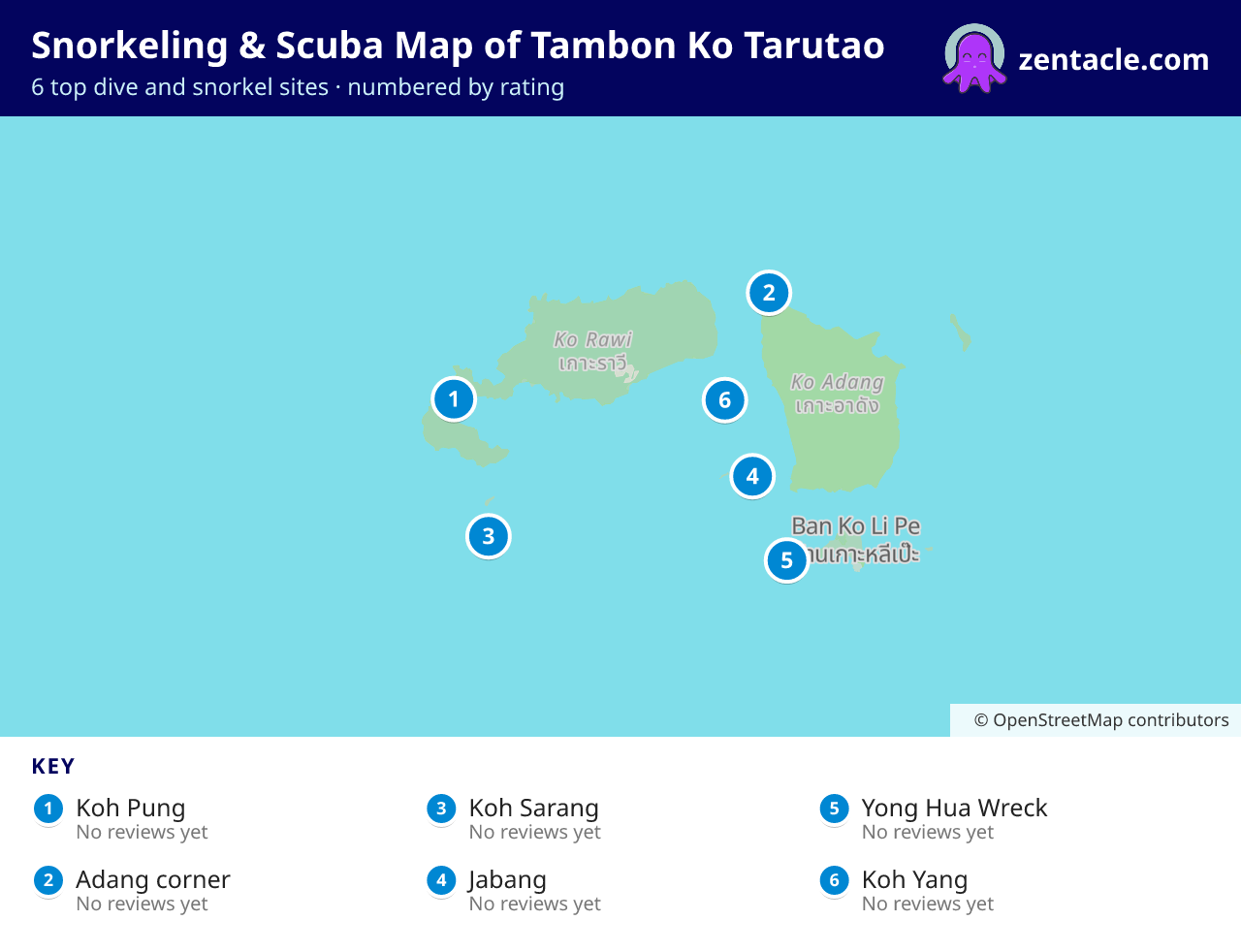 Snorkeling & Scuba Map of Tambon Ko Tarutao: numbered map of the top 6 dive and snorkel sites, with ratings