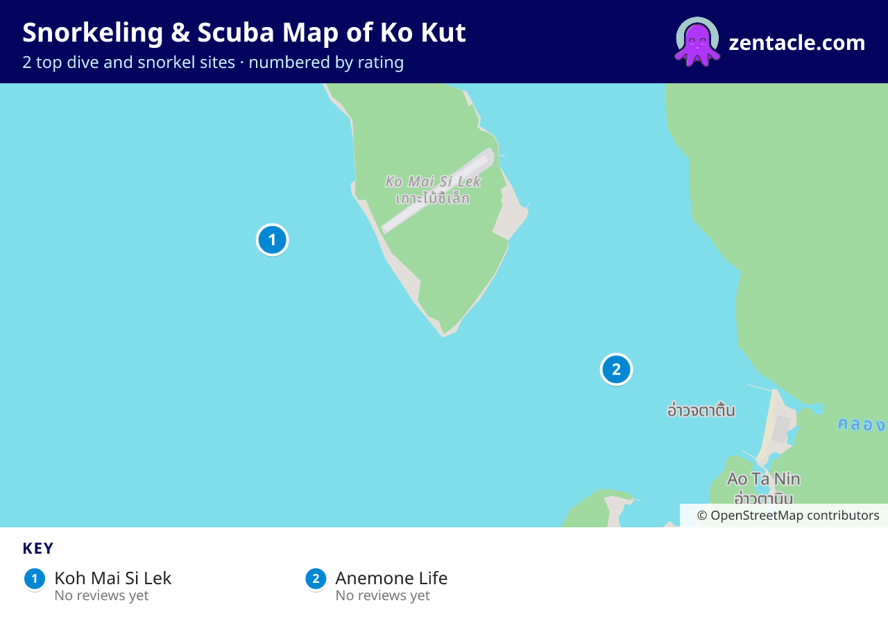 Snorkeling & Scuba Map of Ko Kut: numbered map of the top 2 dive and snorkel sites, with ratings