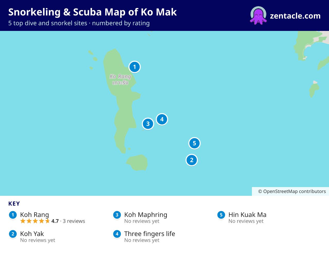 Snorkeling & Scuba Map of Ko Mak: numbered map of the top 5 dive and snorkel sites, with ratings