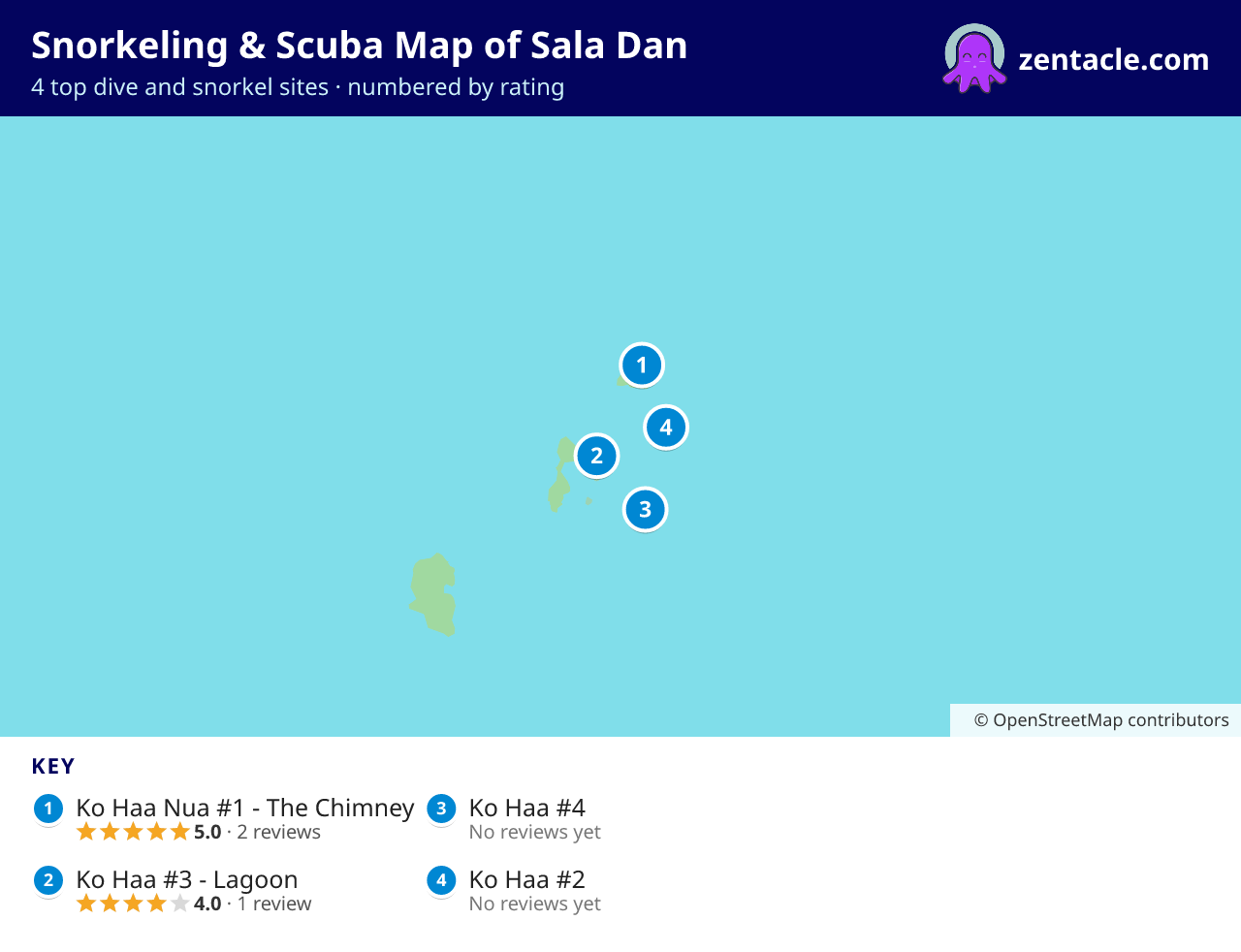 Snorkeling & Scuba Map of Sala Dan: numbered map of the top 4 dive and snorkel sites, with ratings