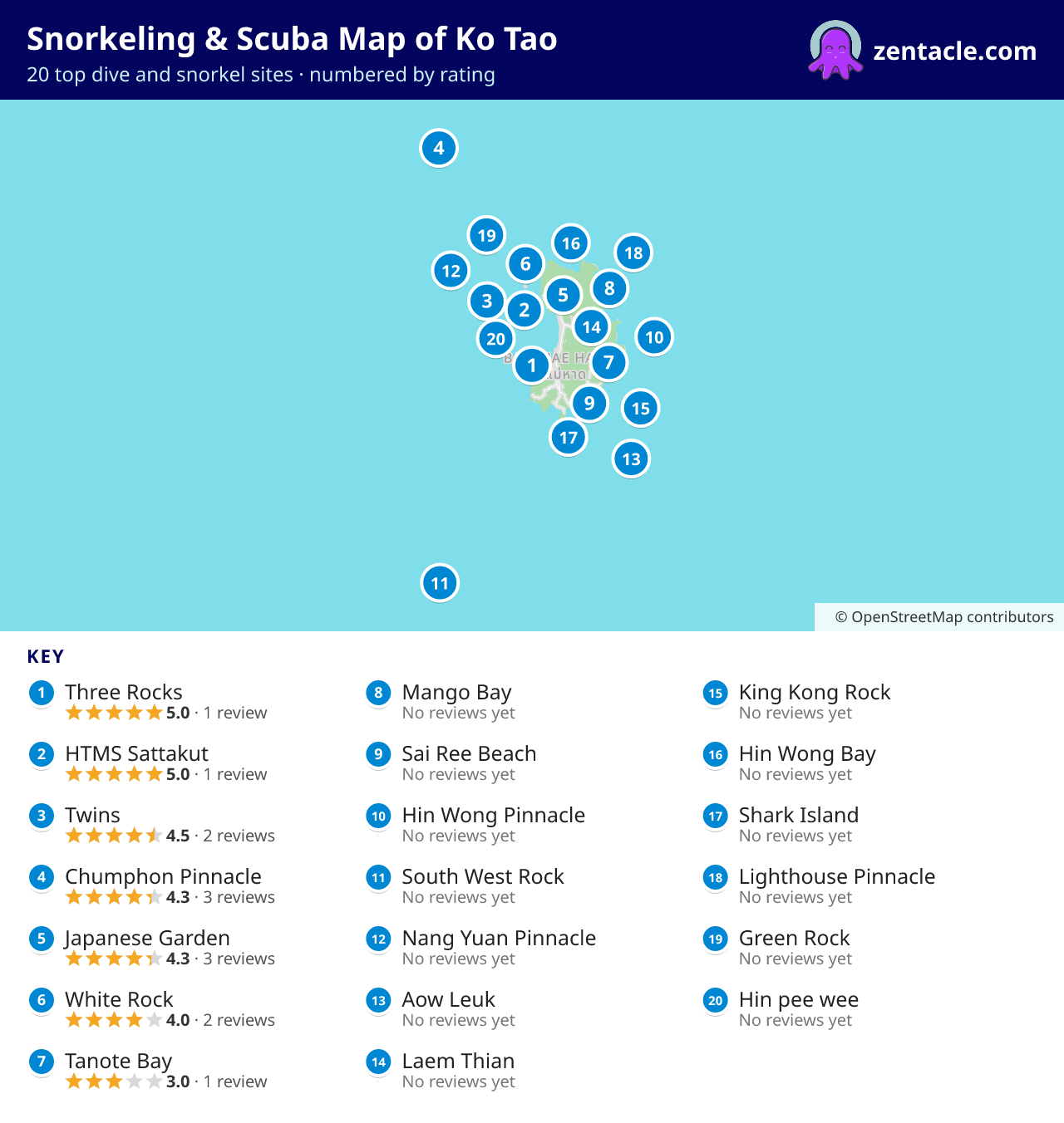 Snorkeling & Scuba Map of Ko Tao: numbered map of the top 20 dive and snorkel sites, with ratings
