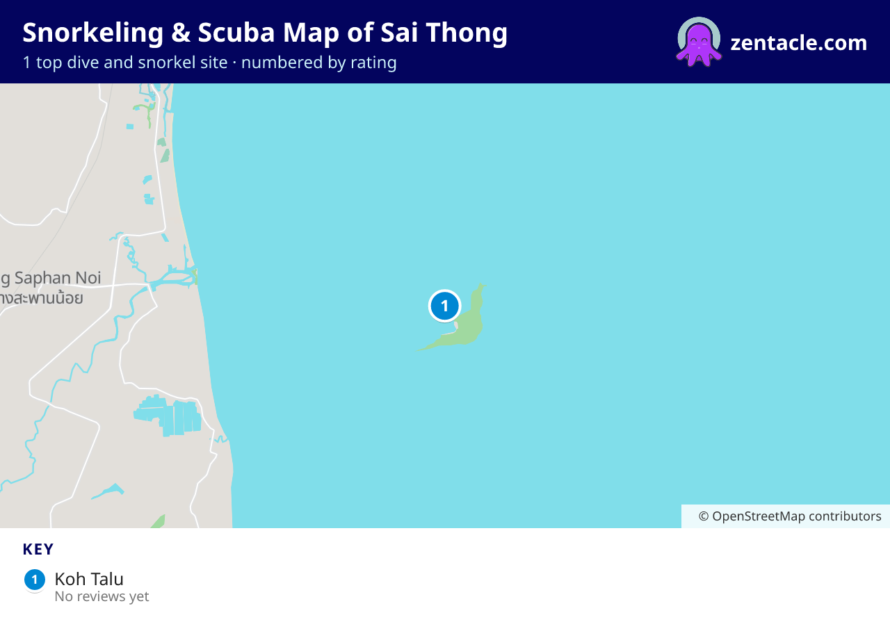 Snorkeling & Scuba Map of Sai Thong: numbered map of the top 1 dive and snorkel sites, with ratings