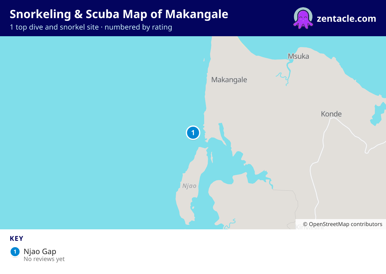 Snorkeling & Scuba Map of Makangale: numbered map of the top 1 dive and snorkel sites, with ratings