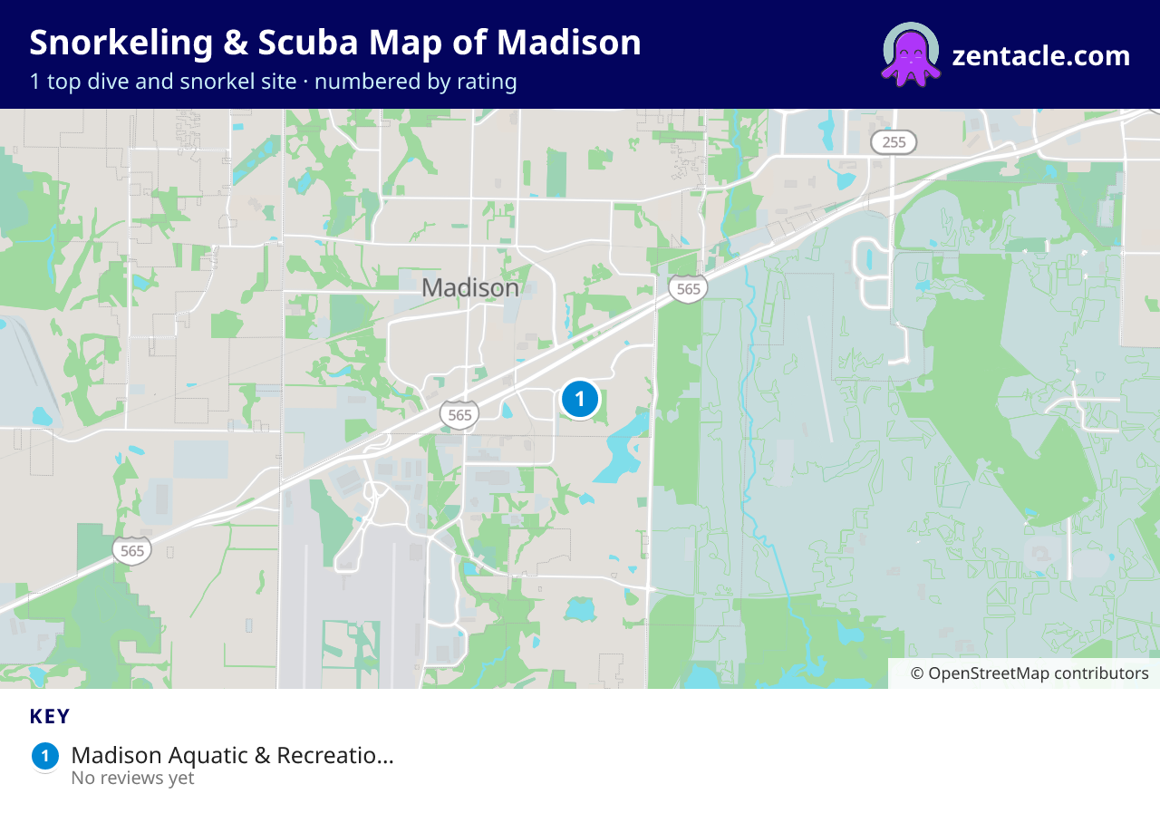 Snorkeling & Scuba Map of Madison: numbered map of the top 1 dive and snorkel sites, with ratings