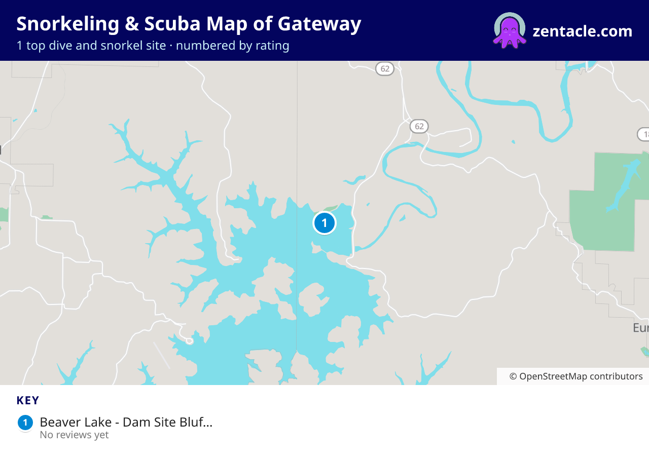 Snorkeling & Scuba Map of Gateway: numbered map of the top 1 dive and snorkel sites, with ratings