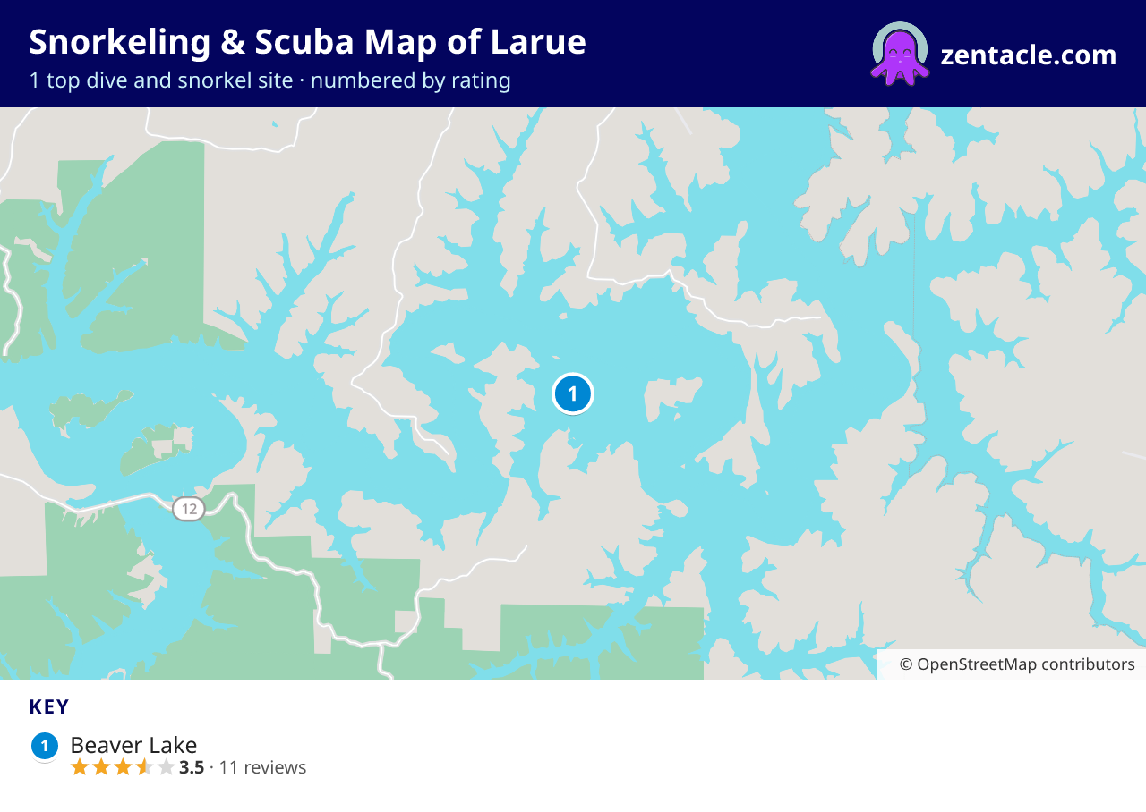 Snorkeling & Scuba Map of Larue: numbered map of the top 1 dive and snorkel sites, with ratings