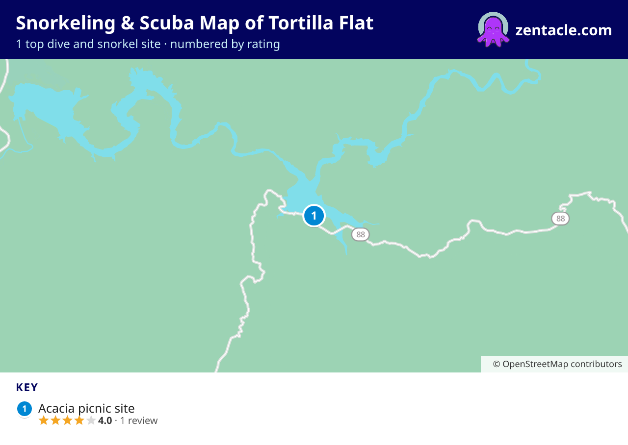 Snorkeling & Scuba Map of Tortilla Flat: numbered map of the top 1 dive and snorkel sites, with ratings