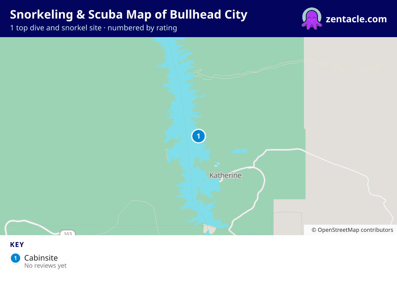 Snorkeling & Scuba Map of Bullhead City: numbered map of the top 1 dive and snorkel sites, with ratings