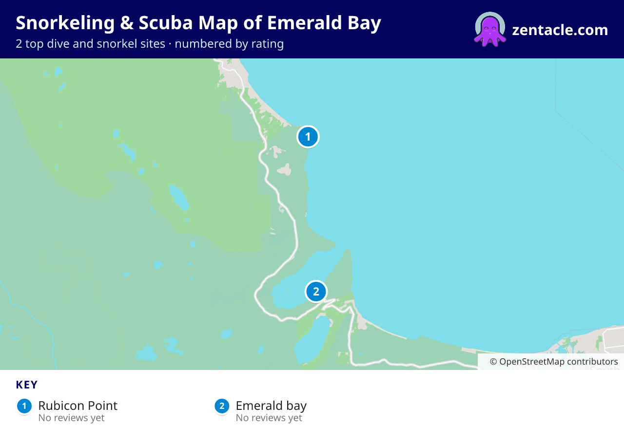 Snorkeling & Scuba Map of Emerald Bay: numbered map of the top 2 dive and snorkel sites, with ratings