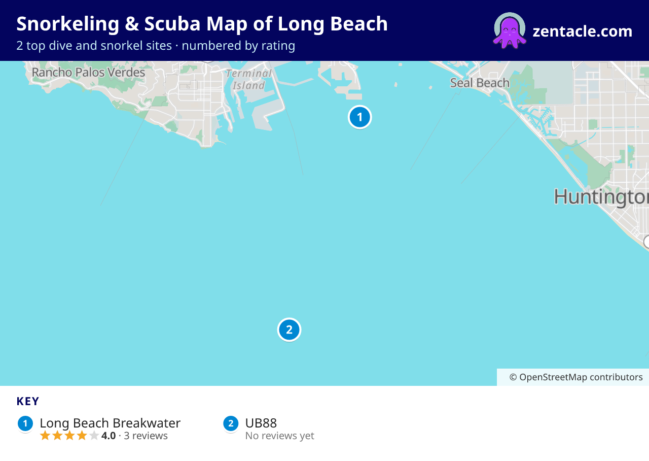 Snorkeling & Scuba Map of Long Beach: numbered map of the top 2 dive and snorkel sites, with ratings