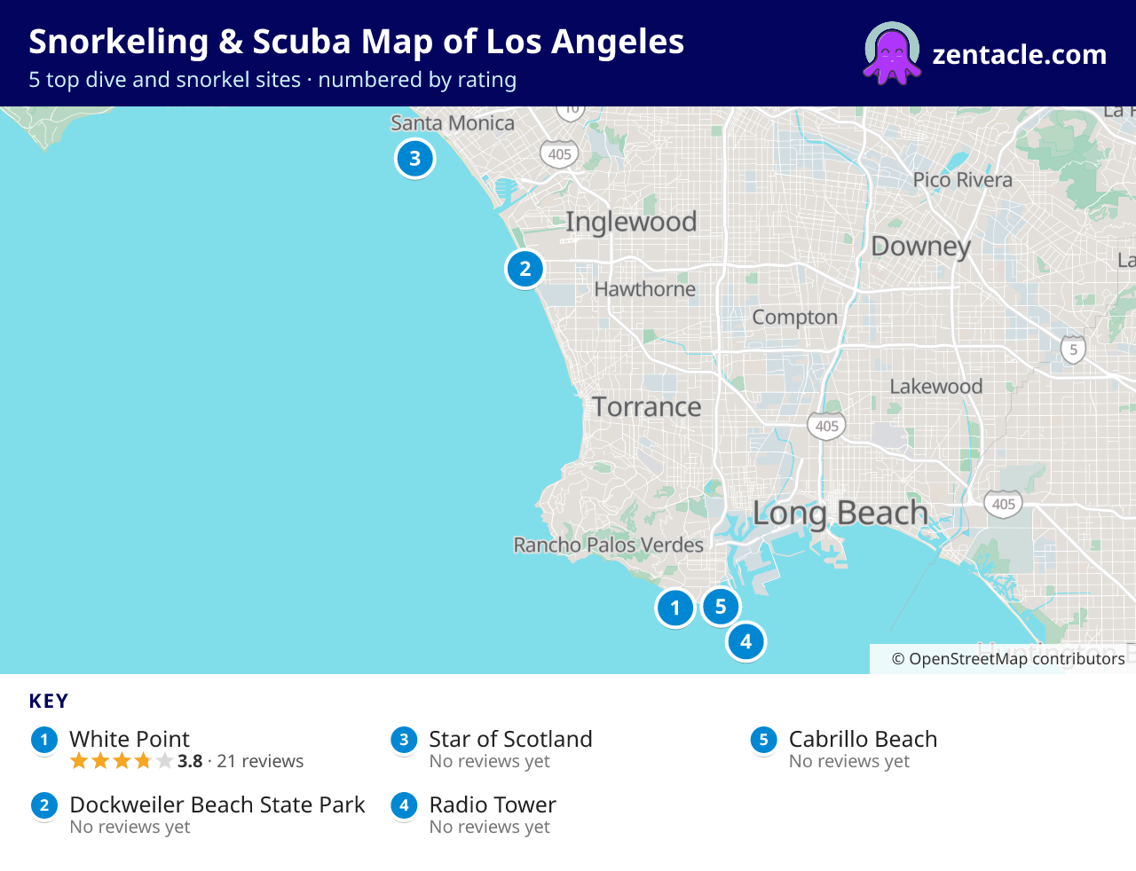 Snorkeling & Scuba Map of Los Angeles: numbered map of the top 5 dive and snorkel sites, with ratings