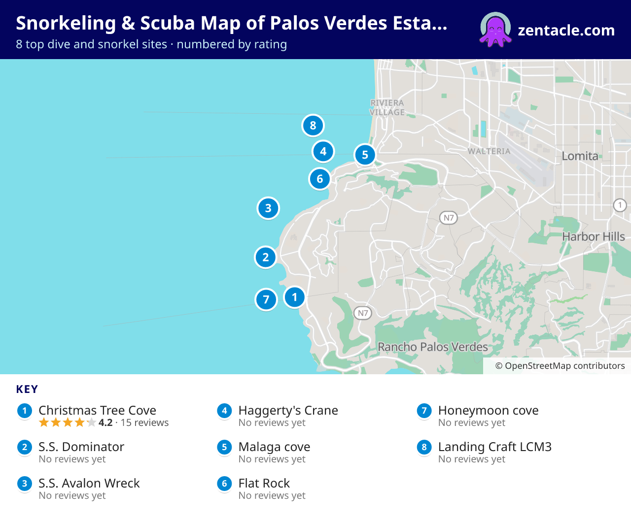 Snorkeling & Scuba Map of Palos Verdes Estates: numbered map of the top 8 dive and snorkel sites, with ratings