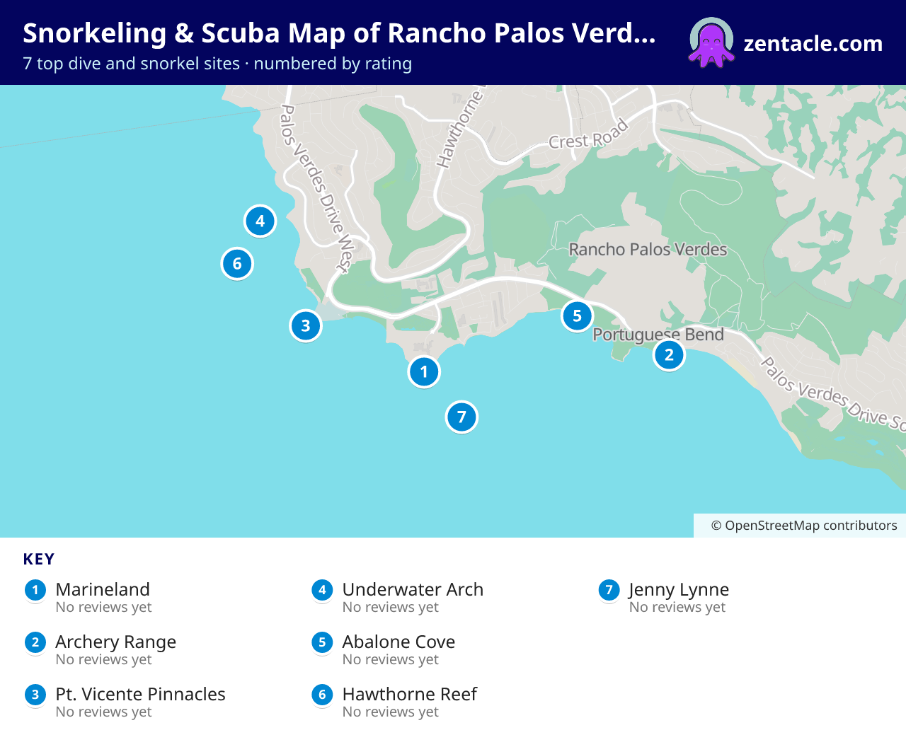 Snorkeling & Scuba Map of Rancho Palos Verdes: numbered map of the top 7 dive and snorkel sites, with ratings