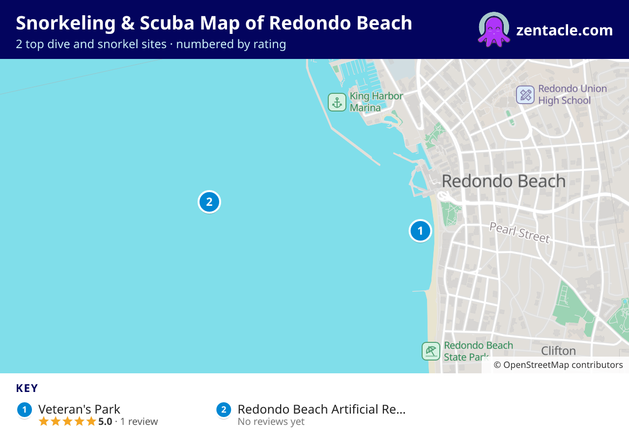 Snorkeling & Scuba Map of Redondo Beach: numbered map of the top 2 dive and snorkel sites, with ratings