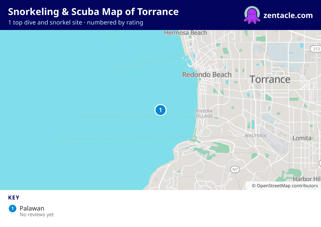 Snorkeling & Scuba Map of Torrance: numbered map of the top 1 dive and snorkel sites, with ratings
