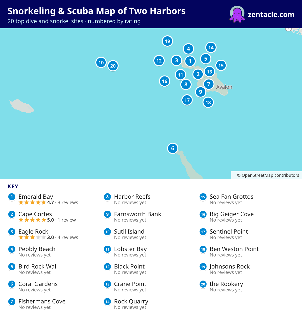 Snorkeling & Scuba Map of Two Harbors: numbered map of the top 20 dive and snorkel sites, with ratings