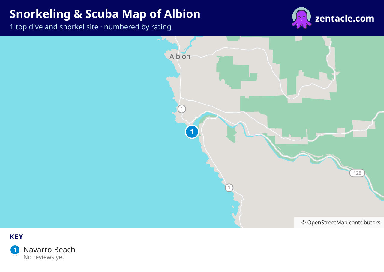 Snorkeling & Scuba Map of Albion: numbered map of the top 1 dive and snorkel sites, with ratings