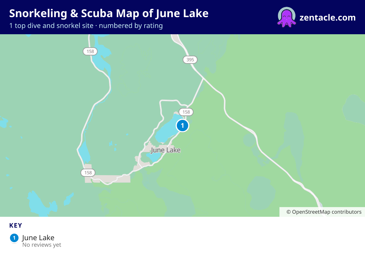 Snorkeling & Scuba Map of June Lake: numbered map of the top 1 dive and snorkel sites, with ratings