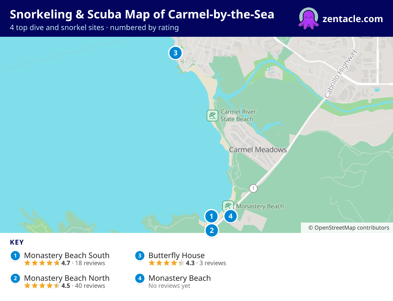 Snorkeling & Scuba Map of Carmel-by-the-Sea: numbered map of the top 4 dive and snorkel sites, with ratings
